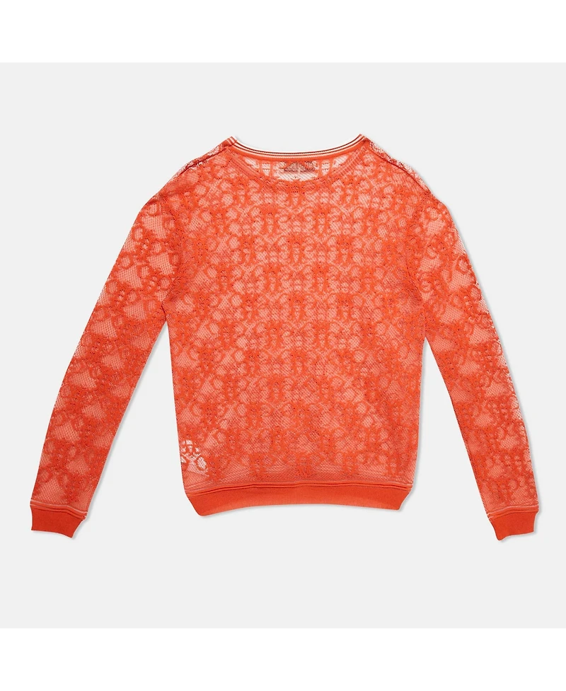 Pre-Owned Emilio Pucci Women's Orange Monogram Patterned Sheer Knit Long Sleeve Top