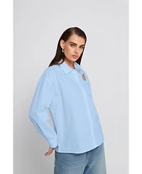 Elle Collection Women's Rhinestone Trim Cutout Shirt Button Down Top