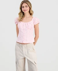 Just Polly Juniors' Eyelet Short-Sleeve Button-Front Top