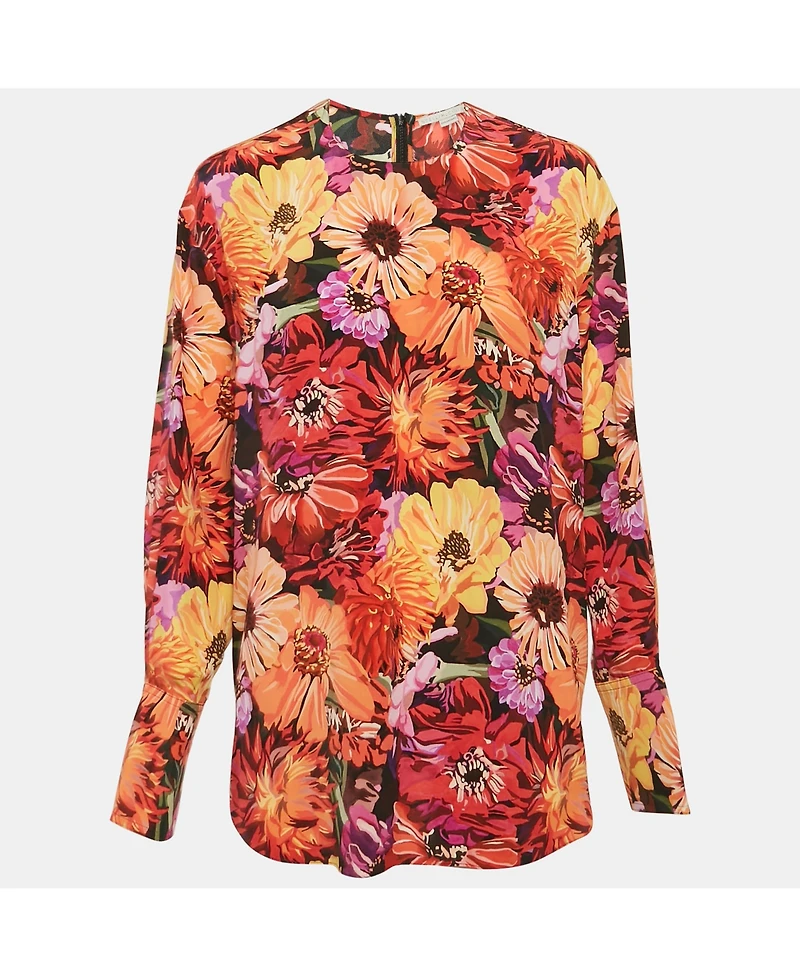 Pre-Owned Stella Mccartney Women's Red Poppy Print Silk Long Sleeve Blouse