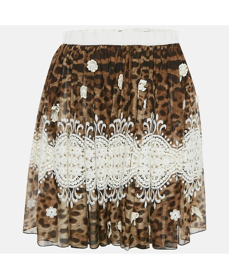 Pre-Owned Dolce & Gabbana Women's Brown Leopard Print Lace Trim Silk Mini Skirt