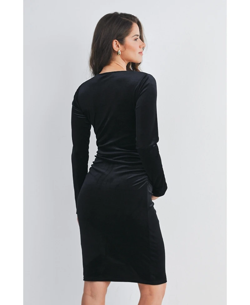Hello Miz Maternity Long Sleeve V Neck Ruched Velvet Dress