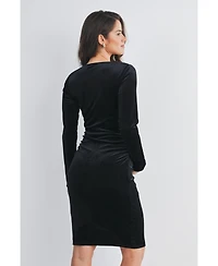 Hello Miz Maternity Long Sleeve V Neck Ruched Velvet Dress