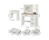 Vlsrka Vanity desk for bedroom with lights, drawers, shelves, stool, and mirror.