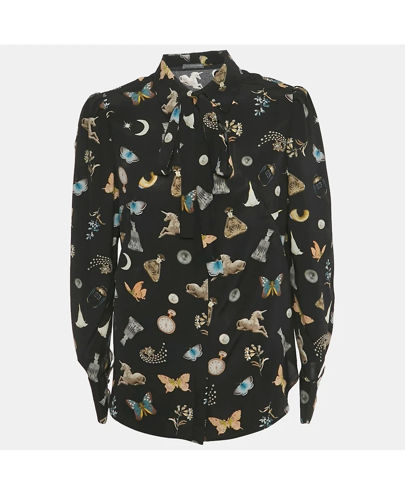 Pre-Owned Alexander Mcqueen Women's Printed Silk Tie Up Neck Blouse