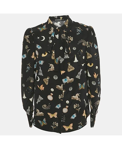 Pre-Owned Alexander Mcqueen Women's Printed Silk Tie Up Neck Blouse