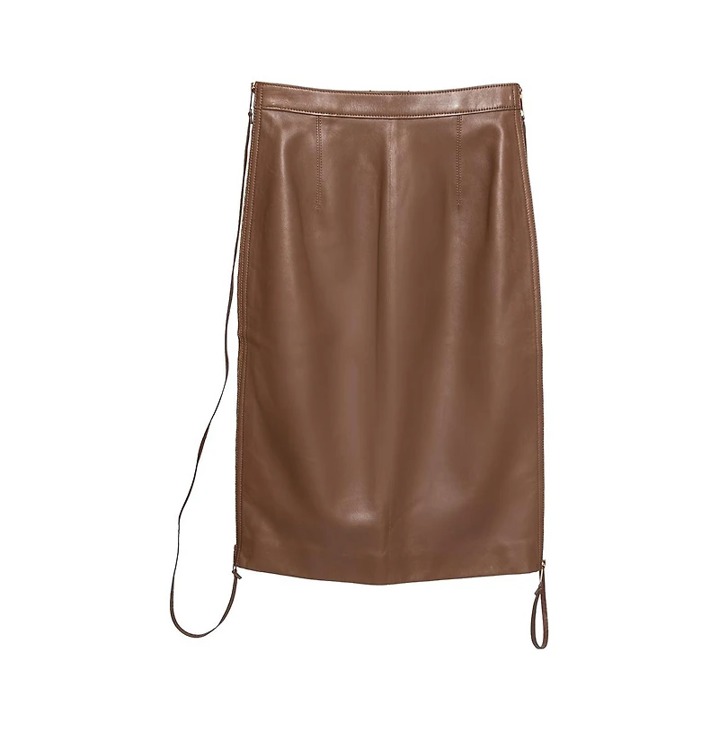 Pre-Owned Burberry Women's Brown Leather Double Zip Pencil Midi Skirt