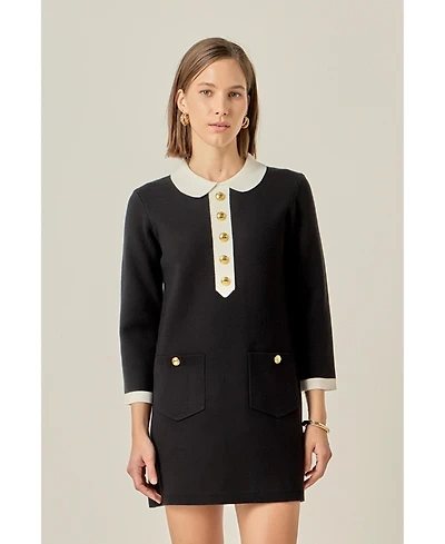 English Factory Women's Collar-Detail Combo Knit Mini Dress