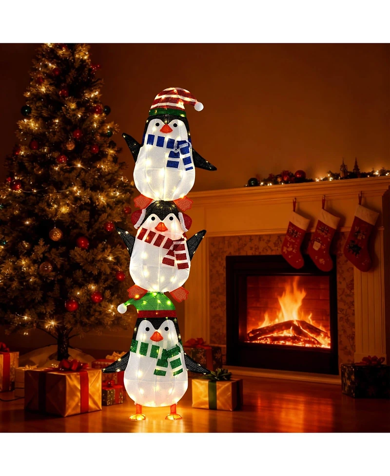 Costway Lighted Penguins Decoration Set of 3 with 156 Warm White Lights Cute Hats & Scarves