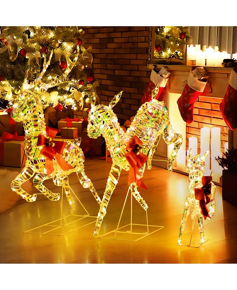 Christmas Lighted Reindeer with Led Lights and Red Bows Stakes