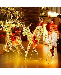 Christmas Lighted Reindeer with Led Lights and Red Bows Stakes