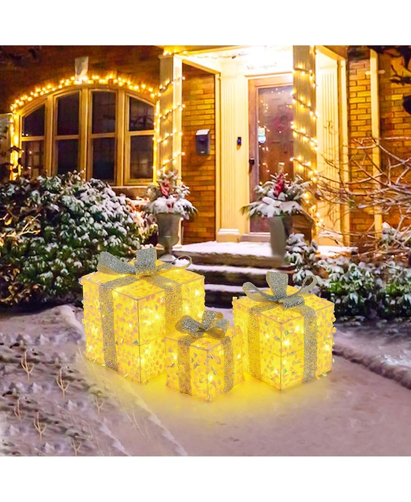 3 Pcs Christmas Lighted Gift Boxes with 90 Led Lights Zip Ties Ground Stakes