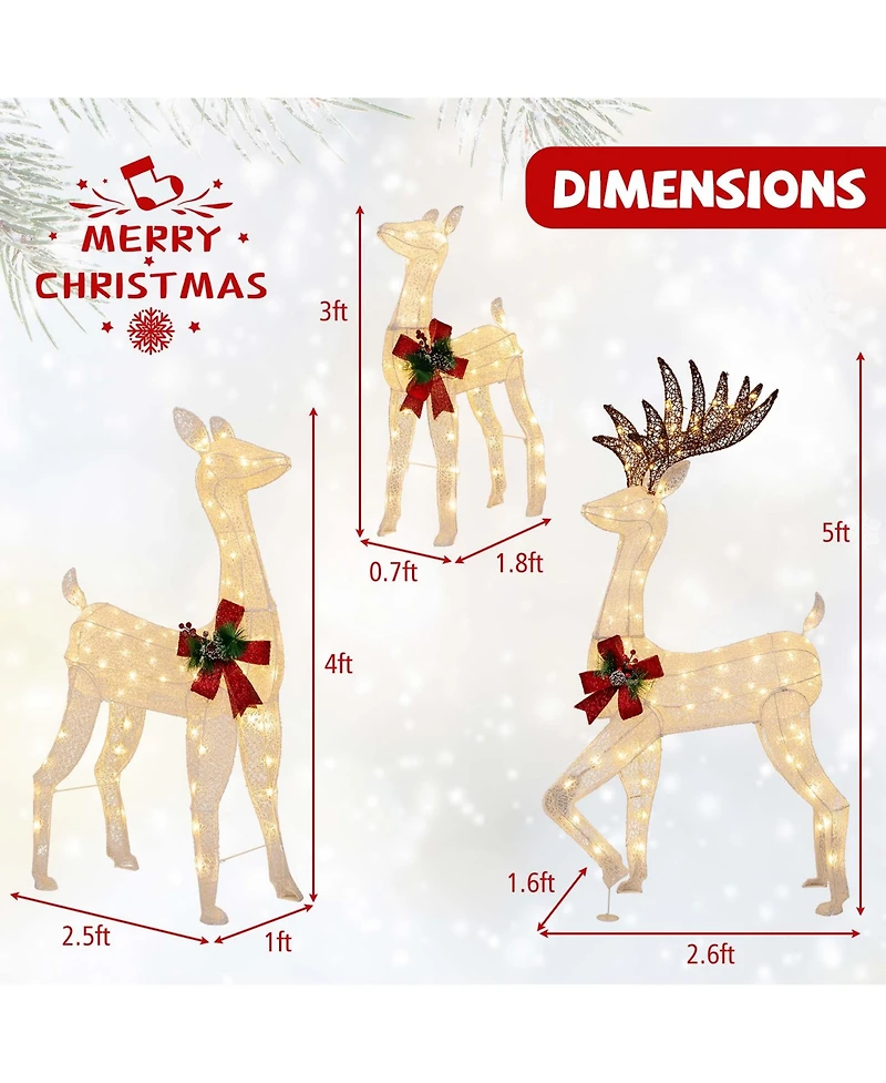 Costway 3 Pcs Pre-lit Christmas Reindeer Family 3D Lighted Glitter Deer Xmas Decoration