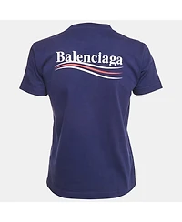 Pre-Owned Balenciaga Women's Ink Blue Logo Print Cotton Crew Neck T-Shirt