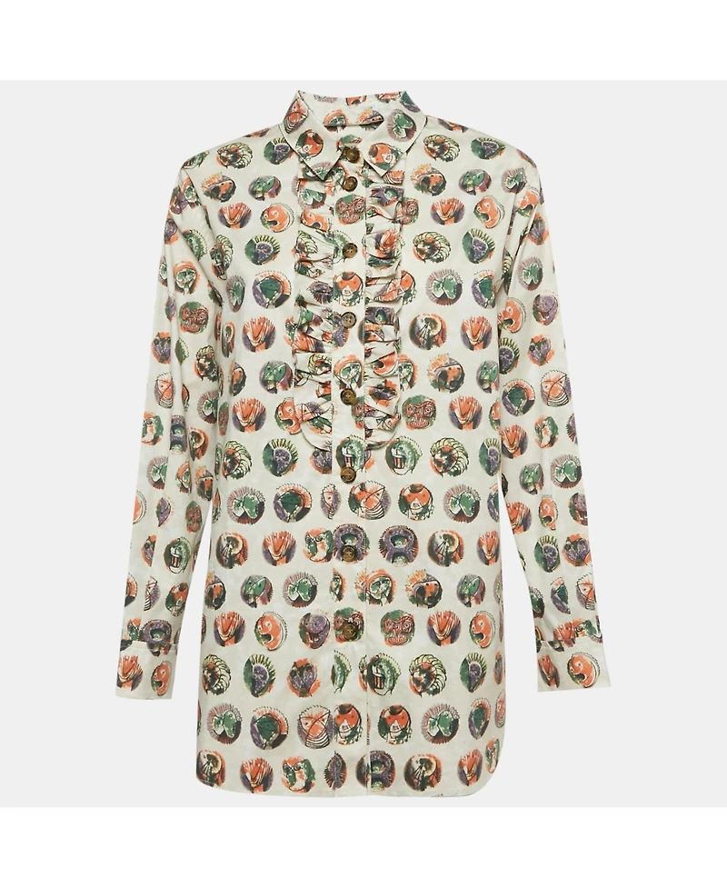 Pre-Owned Burberry Women's Beige Mask Print Cotton Ruffle Detail Shirt