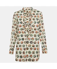Pre-Owned Burberry Women's Beige Mask Print Cotton Ruffle Detail Shirt