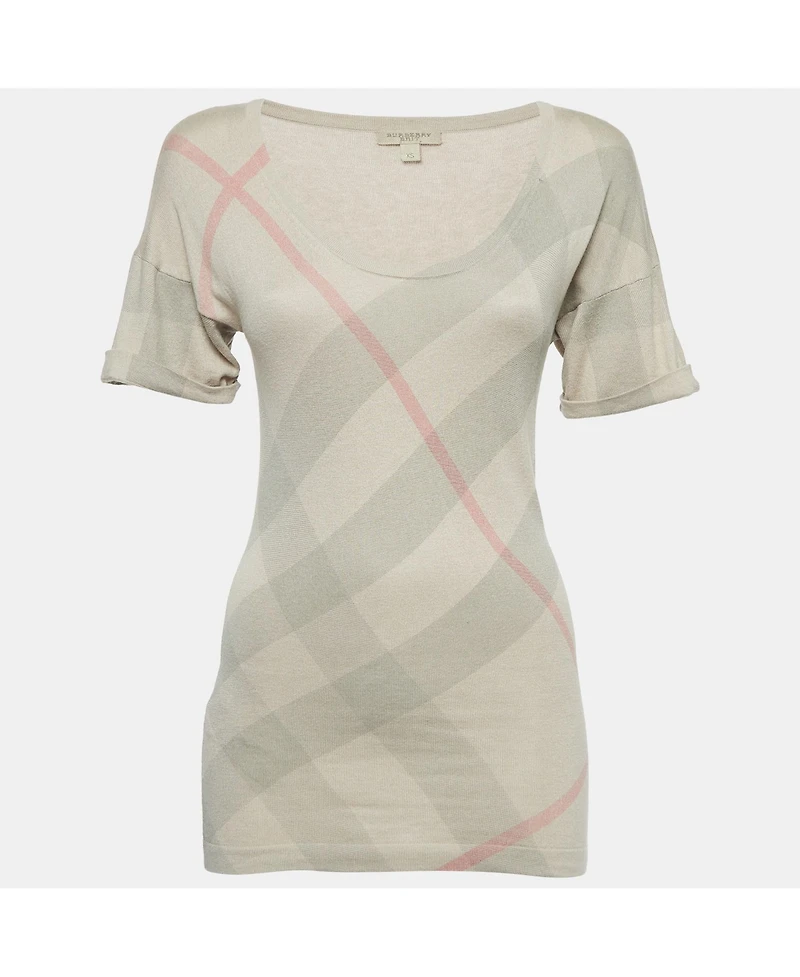 Pre-Owned Burberry Women's Brit Beige Checked Silk Blend Knit V-Neck T-Shirt