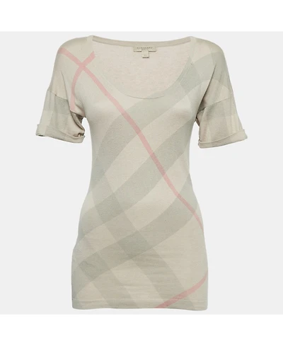 Pre-Owned Burberry Women's Brit Beige Checked Silk Blend Knit V-Neck T-Shirt