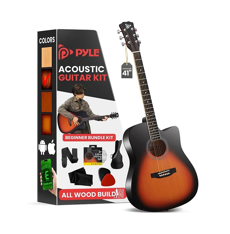Pyle 41" Full-Size Acoustic Guitar Kit, Cutaway Body with Digital Tuner, and Accessory Kit, (Sunburst Teardrop