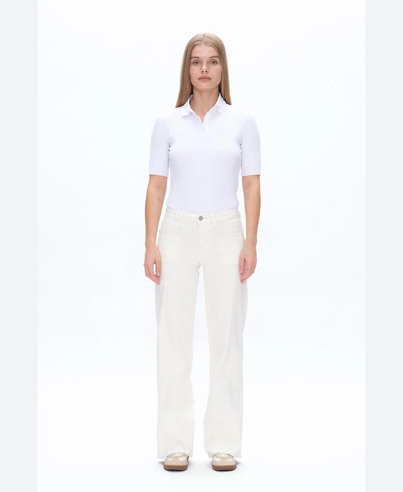 Bayeas Women's Mid-Rise Wide-Leg Denim Patch-Pocket Jeans