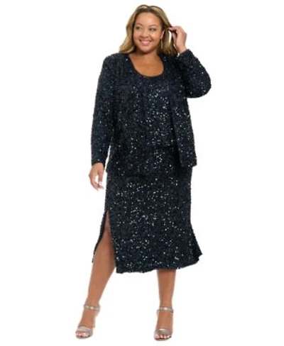 Muse Plus Size Sleeveless Scoop Neck Top Sequined V Neck Jacket Side Slit Sequin Detail Midi Skirt
