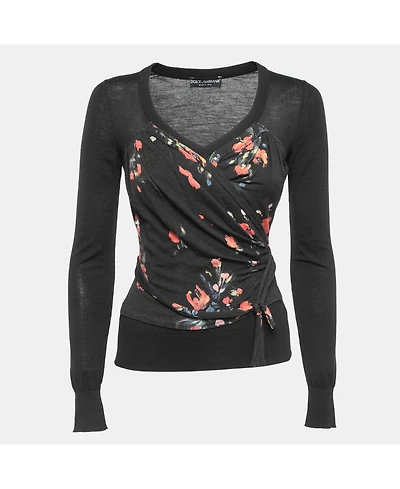 Pre-Owned Dolce & Gabbana Women's Black Floral Print Knit Draped Long Sleeve Top