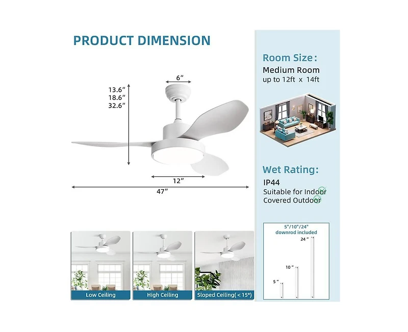 Sofucor 47-inch Modern White 3 Blades Ceiling Fan with Six-Speed Remote Control and Timing Function and Light Kit