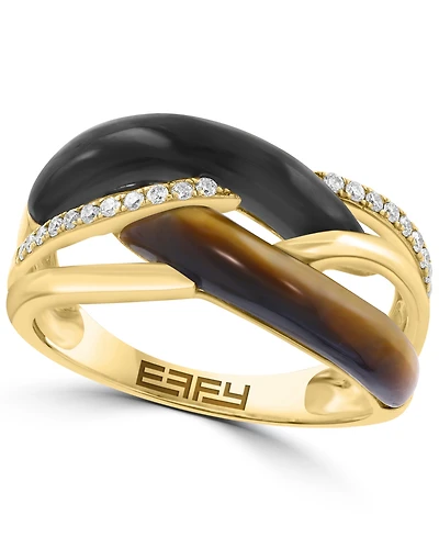 Effy Collection Diamond (1/8 ct. t.w.), Tigers Eye (1-7/8 ct. t.w.) & Onyx Ring in 14k Yellow Gold