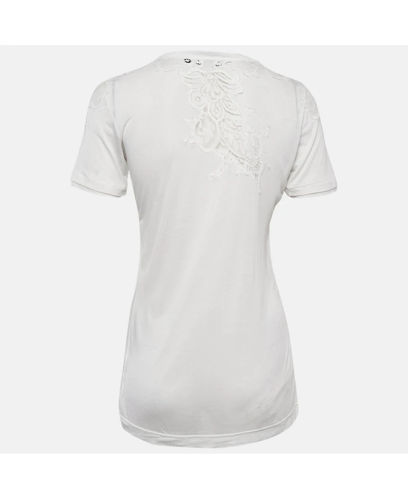 Pre-Owned Dolce & Gabbana Women's White Modal & Lace Trim Crew Neck Top