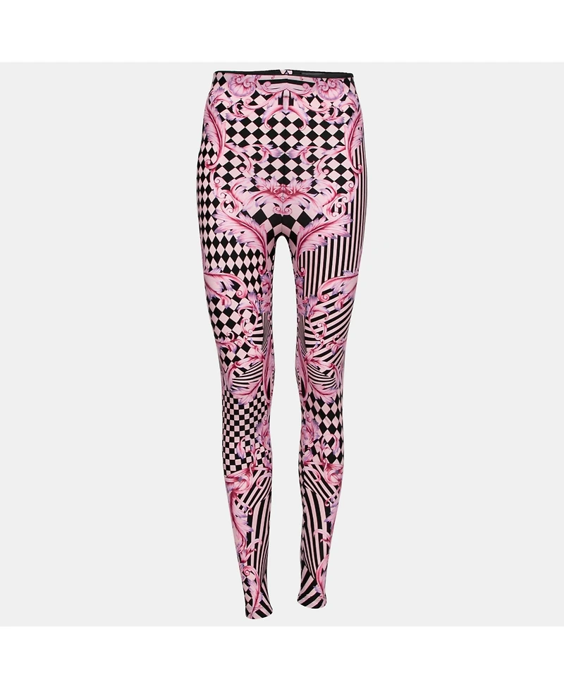 Pre-Owned Versace Women's Pink Stretch Knit Striped & Baroque Print Leggings