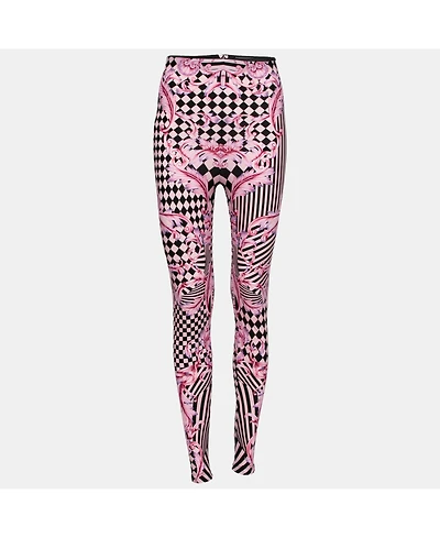 Pre-Owned Versace Women's Pink Stretch Knit Striped & Baroque Print Leggings