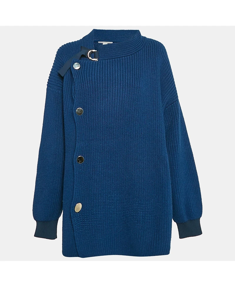 Pre-Owned Stella Mccartney Women's Blue Rib Knit Asymmetrical Button Oversized Sweater