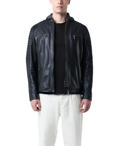 Velez Men's Belmont Leather Jacket for Men with Hood and Chestpiece