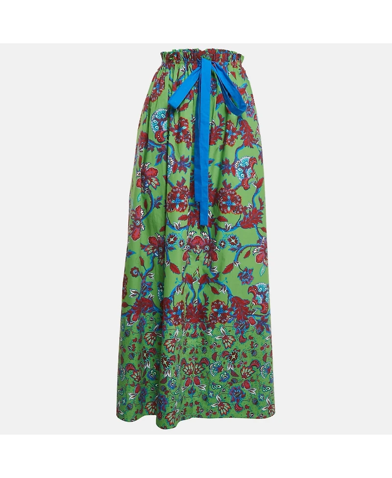 Pre-Owned Givenchy Women's Green Floral Printed Cotton Elastic Midi Skirt
