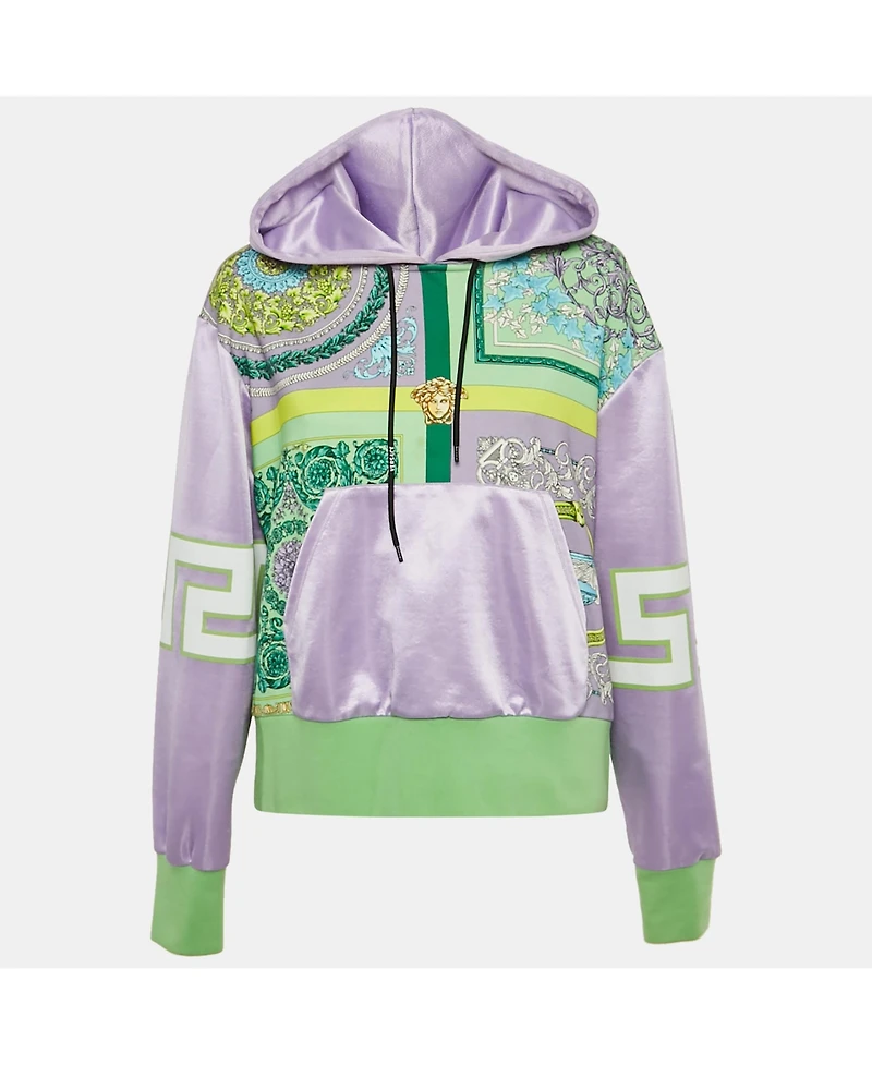 Pre-Owned Versace Women's Lilac /green Baroque Mosaic Print Cotton Hooded Sweatshirt