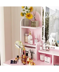 Homsee 5-Drawers Pink Makeup Vanity Sets Dressing Table with Stool, Mirror, Led Light and 3-Tier Storage Shelves