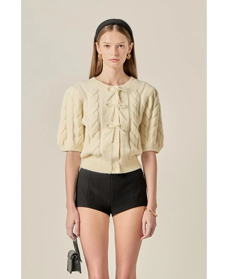 English Factory Women's Cable Puff Sleeve Knit With Pearl Bow