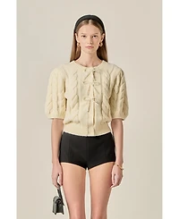 English Factory Women's Cable Puff Sleeve Knit With Pearl Bow