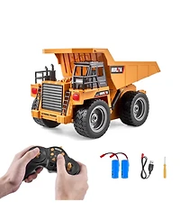 Mecale Rc Dump Truck Toy, 9-Channel 1:18 Scale Remote Control Construction Truck with Metal Cabin, Lights & 2 Batteries