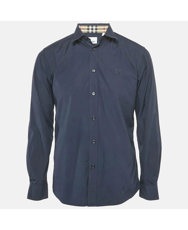 Pre-Owned Burberry Men's Navy Blue Cotton Nova Check Cuffed Long Sleeve Shirt