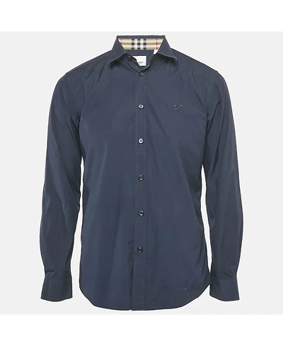 Pre-Owned Burberry Men's Navy Blue Cotton Nova Check Cuffed Long Sleeve Shirt