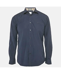 Pre-Owned Burberry Men's Navy Blue Cotton Nova Check Cuffed Long Sleeve Shirt
