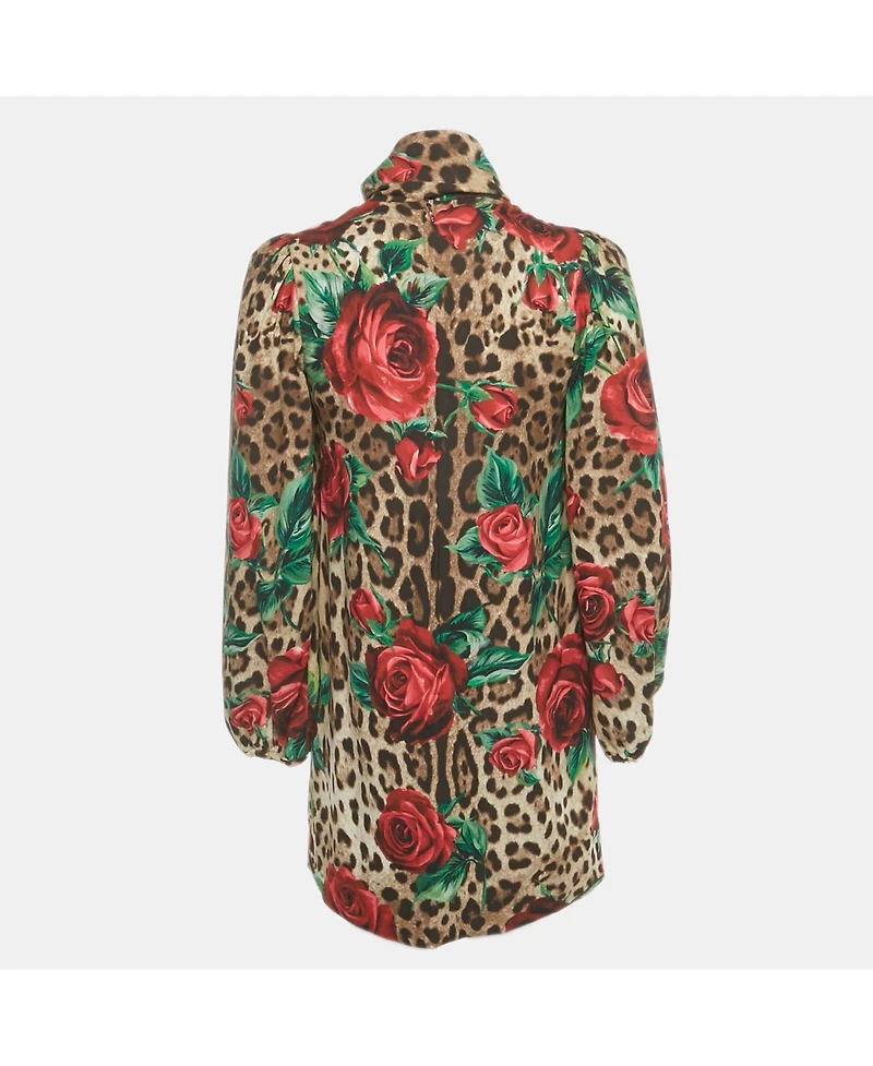 Pre-Owned Dolce & Gabbana Women's Brown Leopard & Rose Print Silk Mini Dress