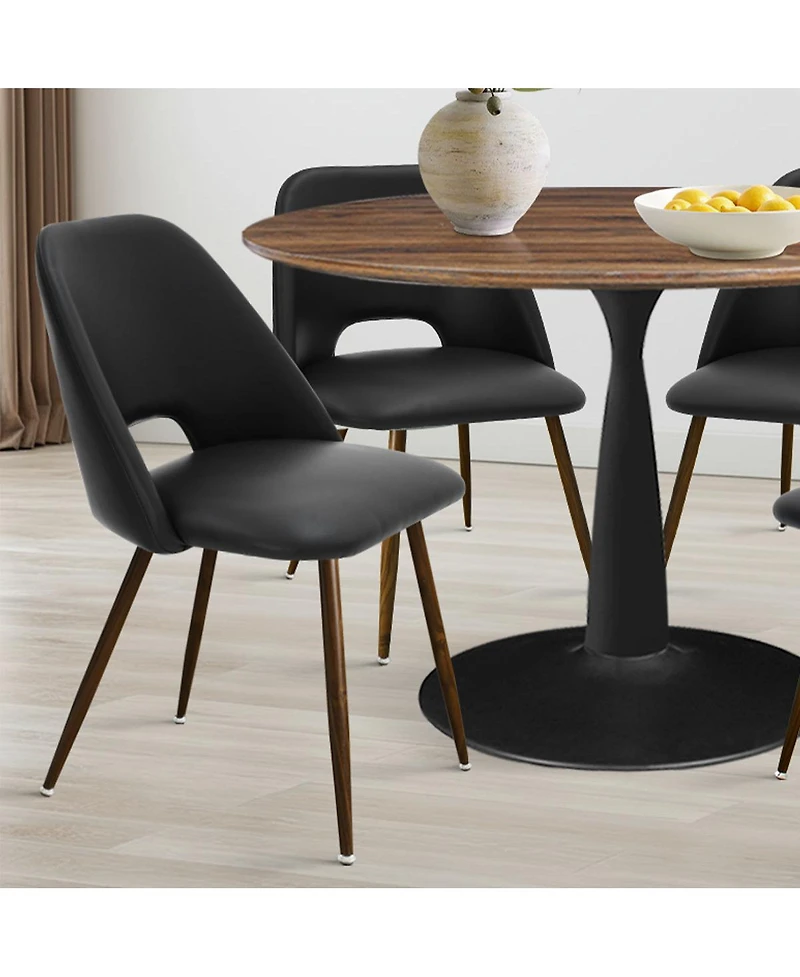 Maison Boucle 5-Piece Walnut Round Dining Table Set with Faux Leather Upholstered Chairs, Kitchen for Small Spaces