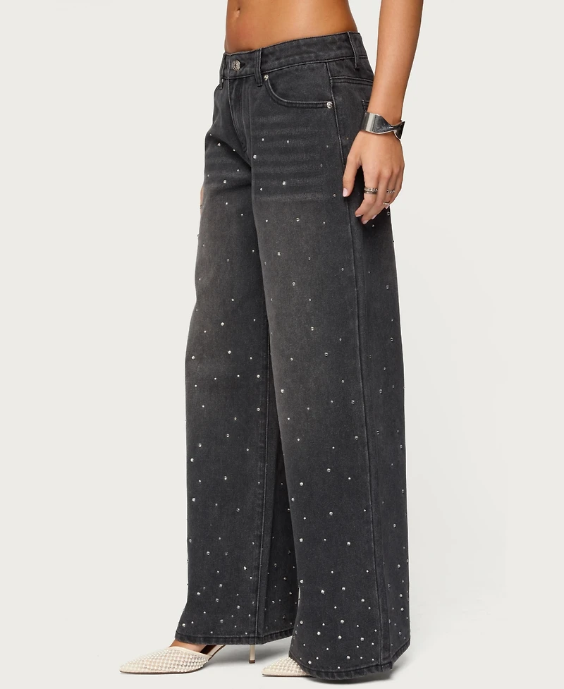 Edikted Womens Rhinestone Low Rise Washed Jeans