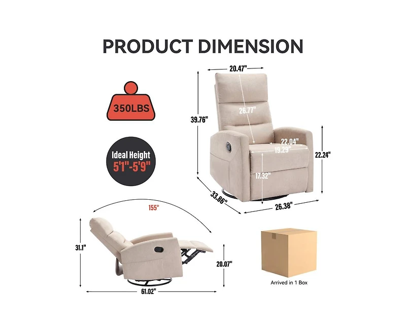 sumyeg Manual Recliner Chair with Rocker and Swivel Fabric