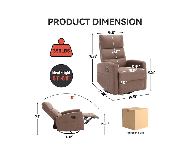 sumyeg Manual Recliner Chair with Rocker and Swivel Fabric