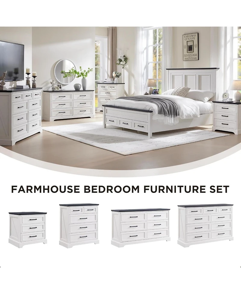 gaomon Farmhouse Nightstand with Charging Station, 22 Inch Wide End Table with 3 Large Drawers & Bar Handles, Rustic Wood Small Dresser