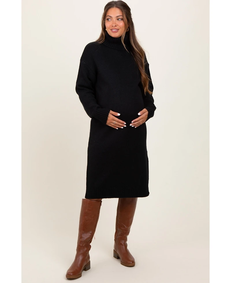 Pinkblush Maternity Camel Turtleneck Side Slit Midi Sweater Dress