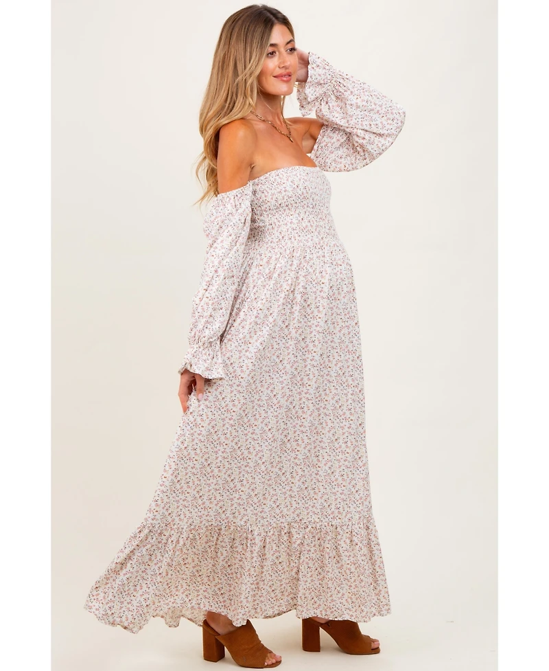 Pinkblush Maternity Cream Floral Smocked Off Shoulder Maxi Dress